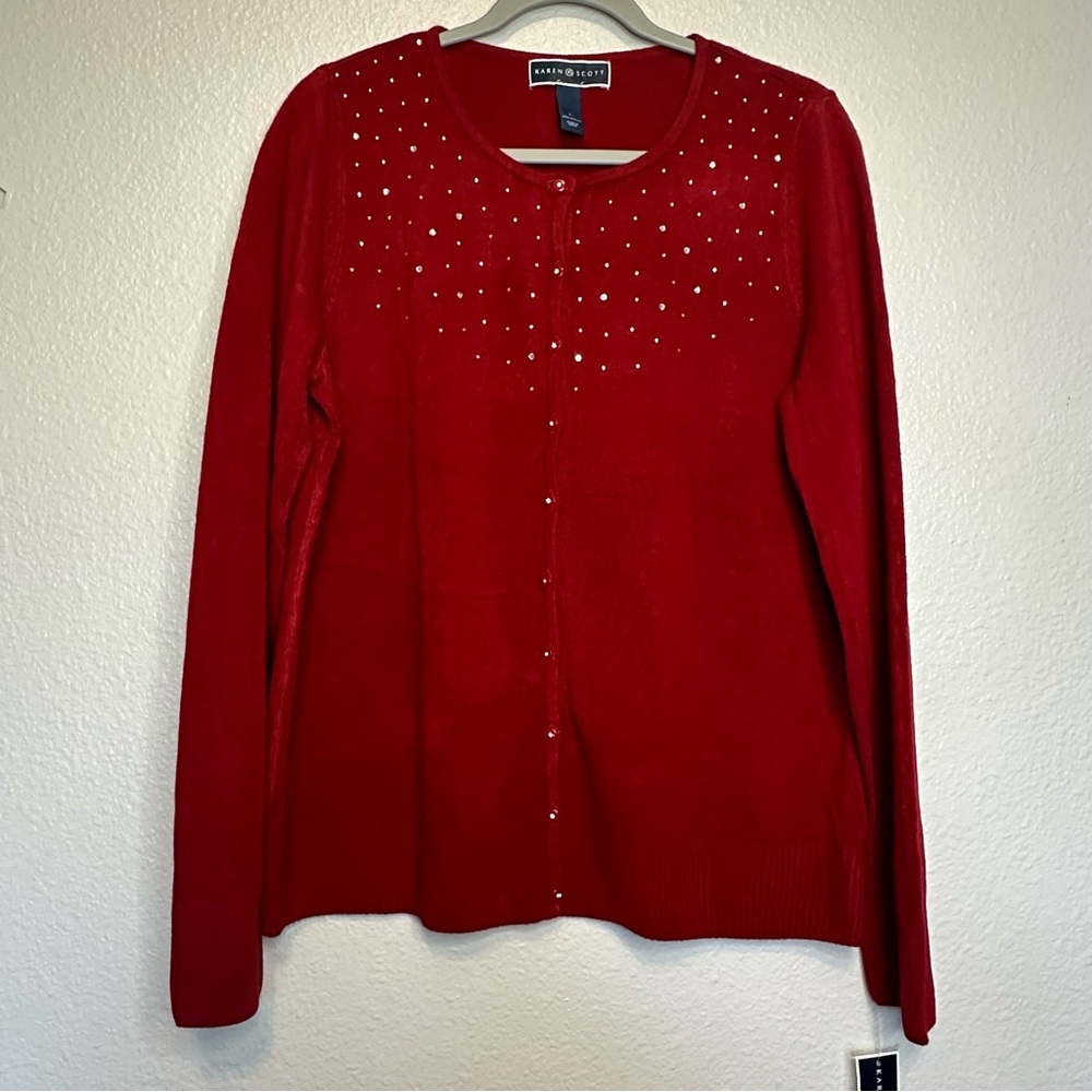 New Karen Scott Cherry Red Luxsoft Cardigan Size Large